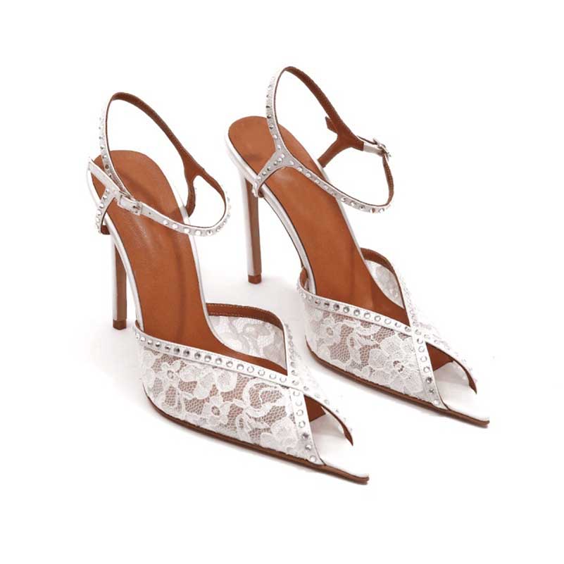 Rhinestone Peep Toe White Heeled Pumps Lace Wedding Shoes Bridal Shoes