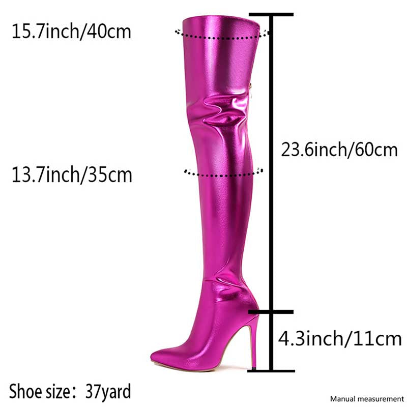 Shiny leather high heel over the knee boots for women in bright metallic pink with size measurements
