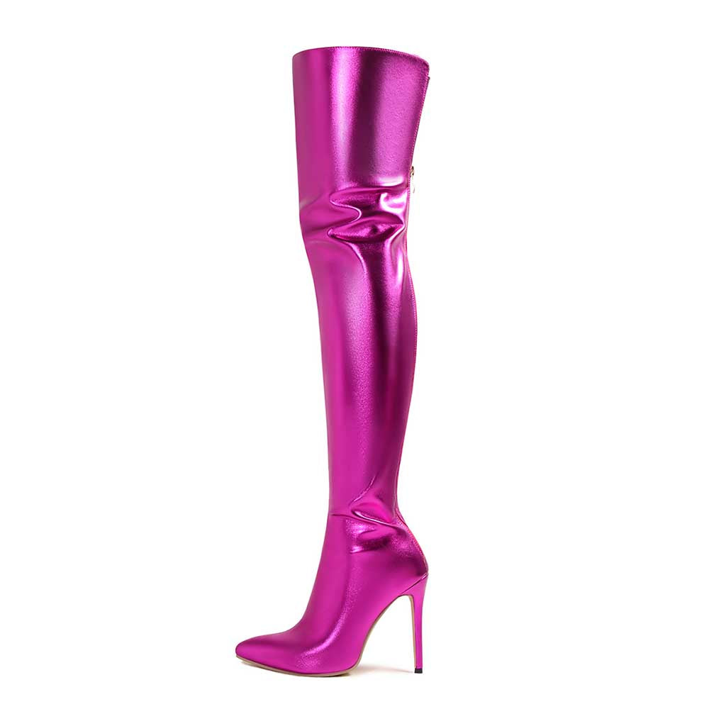 Shiny leather high heel over the knee boots for women in metallic pink finish