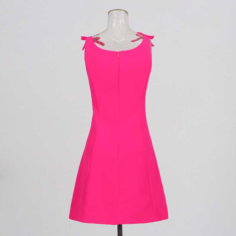 Sleeveless Pink A-Line Mini Dress With Bow Shoulder Straps