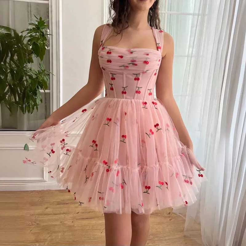 Pink Tulle Homecoming Dress Square-Neck Cute Event Dress