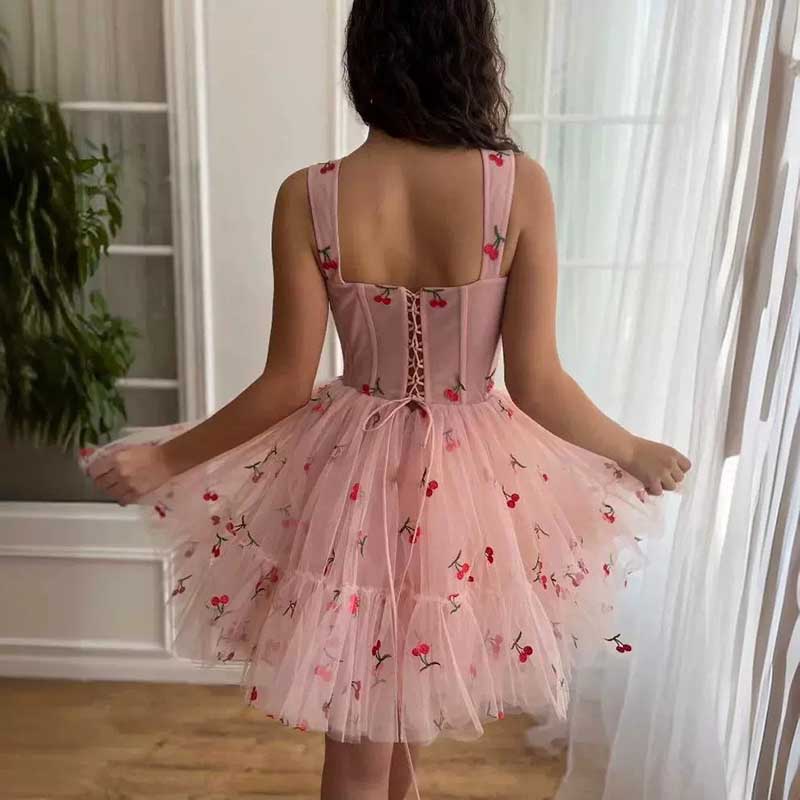 Pink Tulle Homecoming Dress Square-Neck Cute Event Dress
