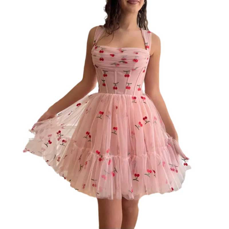 Pink Tulle Homecoming Dress Square-Neck Cute Event Dress