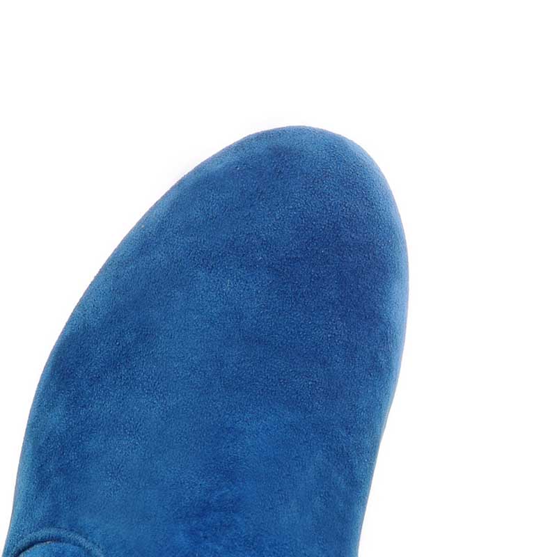 Close-up of blue suede plus size thigh high boots for women showing smooth rounded toe design