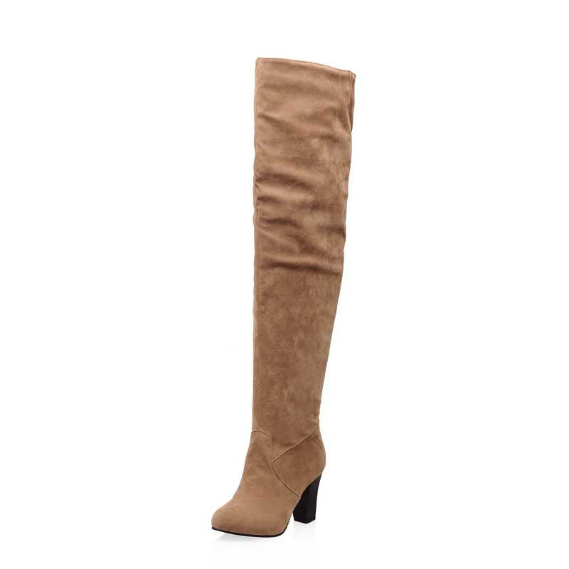 Brown suede plus size thigh high boots for women with block heels