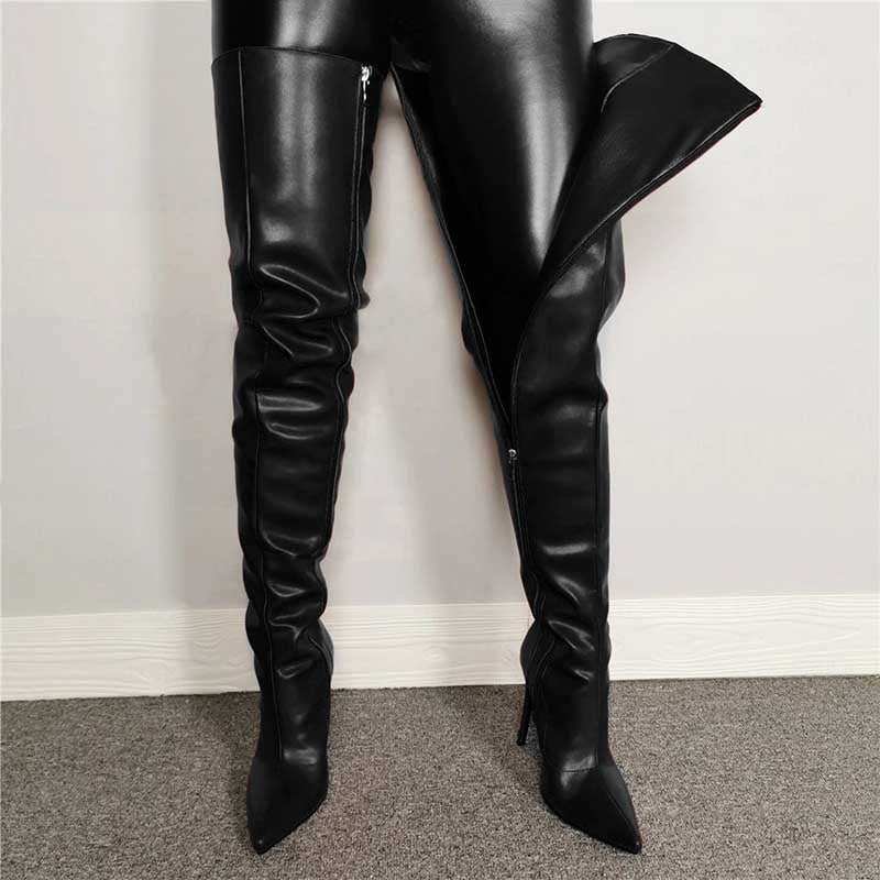 Black pointed toe long boots for women with zipper and stiletto heels in faux leather