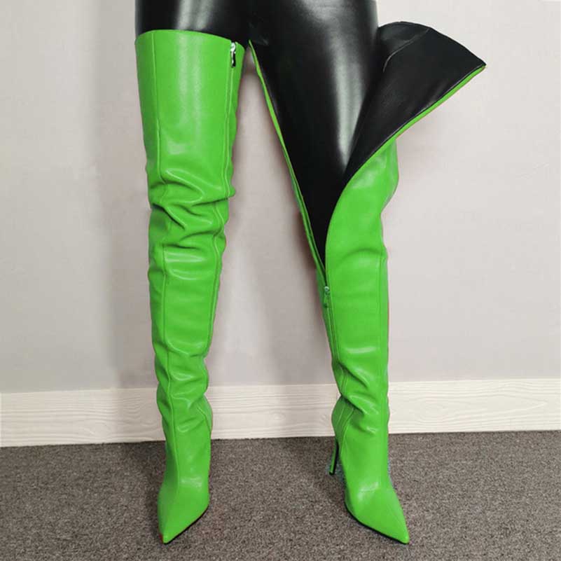 Bright green pointed toe long boots for women with high heels and side zipper closure