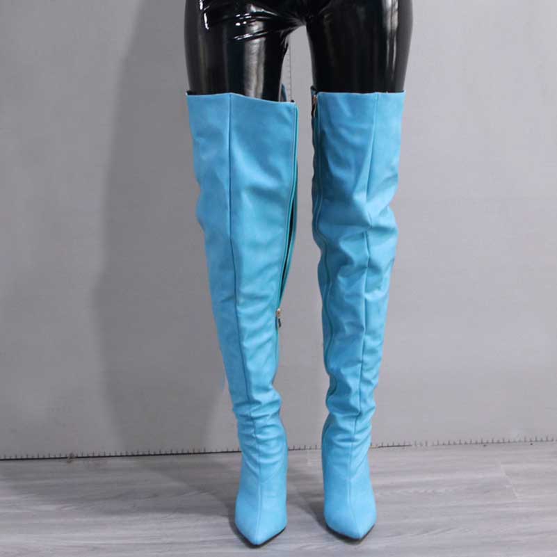 NONEBT pointed toe long boots for women in bright blue faux leather with side zipper