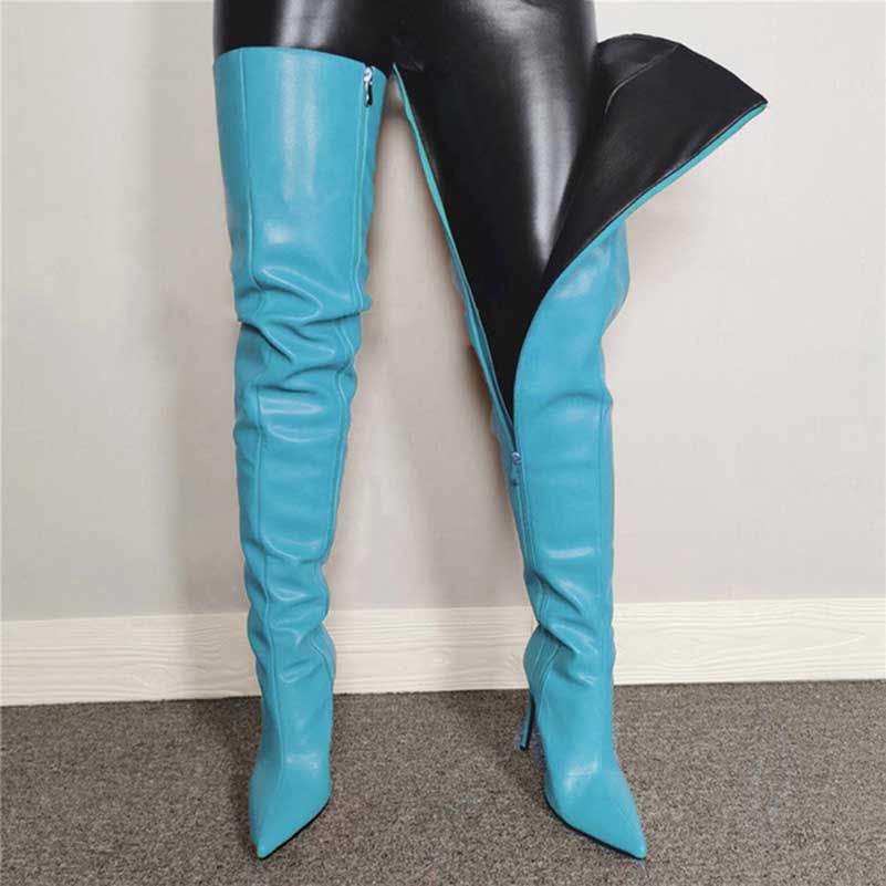 Blue pointed toe long boots for women with high heels and side zipper detail