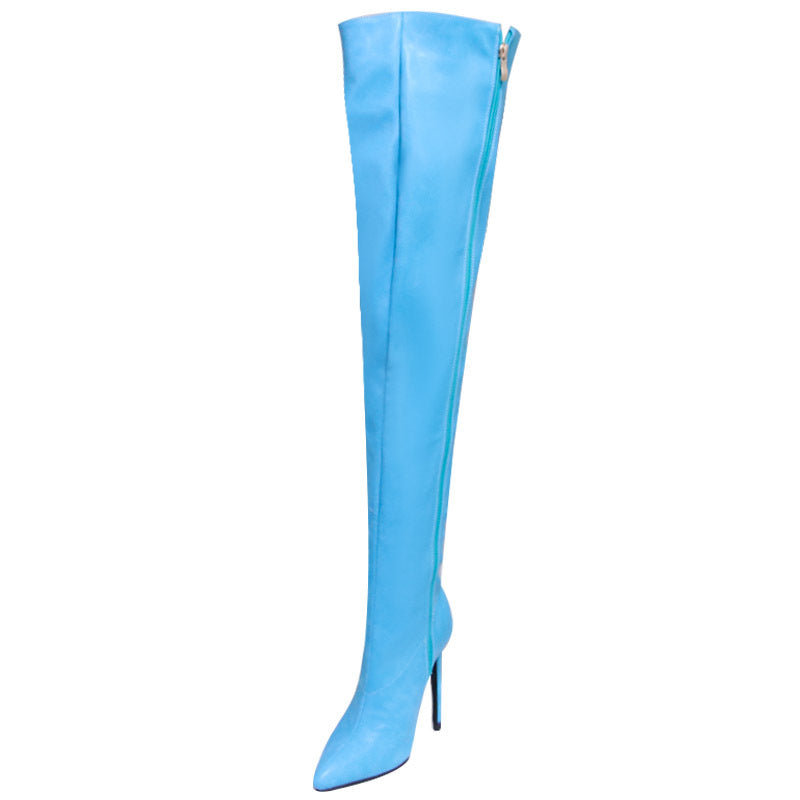 Blue pointed toe long boots for women with high stiletto heel and side zipper