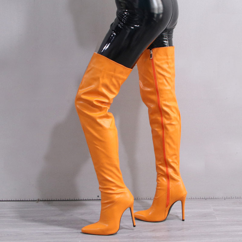 Orange pointed toe long boots for women with high stiletto heels and side zipper