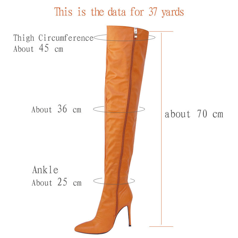 Pointed toe long boots for women in orange with high heel and side zipper detailed with measurements