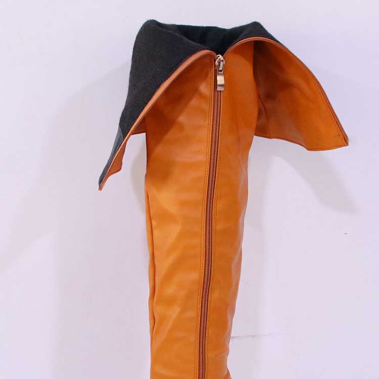 NONEBT pointed toe long boots for women in tan with black fold-over top and front zipper