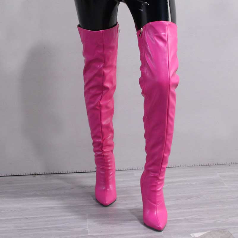Pink pointed toe long boots for women with high shaft and zipper detail