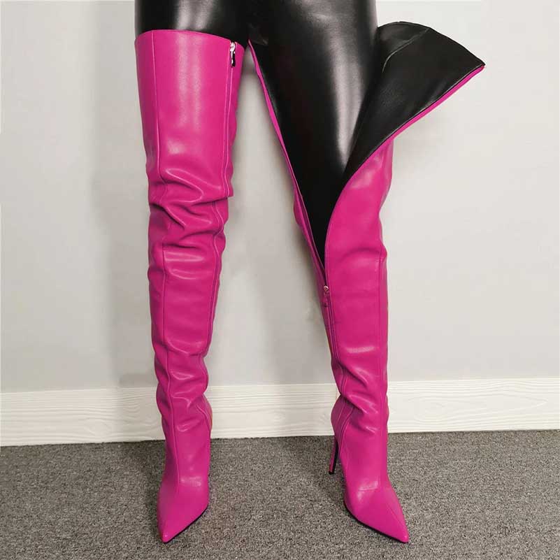 Pink pointed toe long boots for women with high heels and side zipper detail