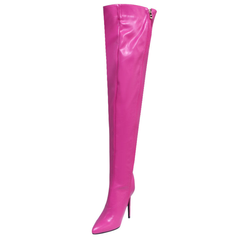 Bright pink pointed toe long boots for women with high stiletto heels and side zipper