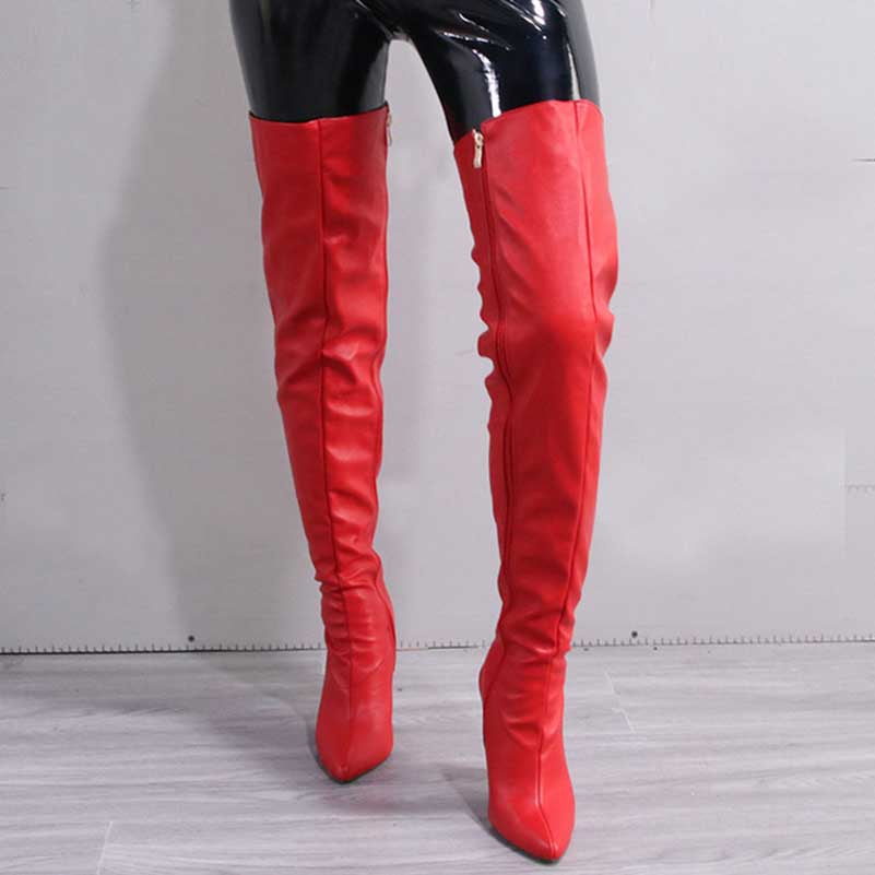 Red pointed toe long boots for women with side zipper and sleek design