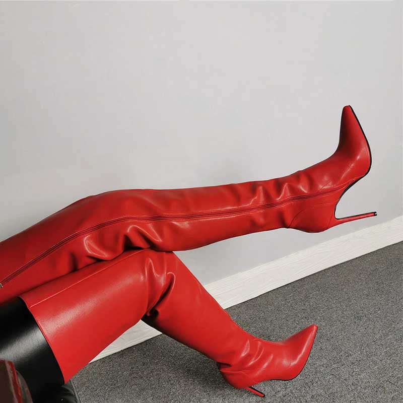 Red pointed toe long boots for women with high stiletto heels made of smooth leather