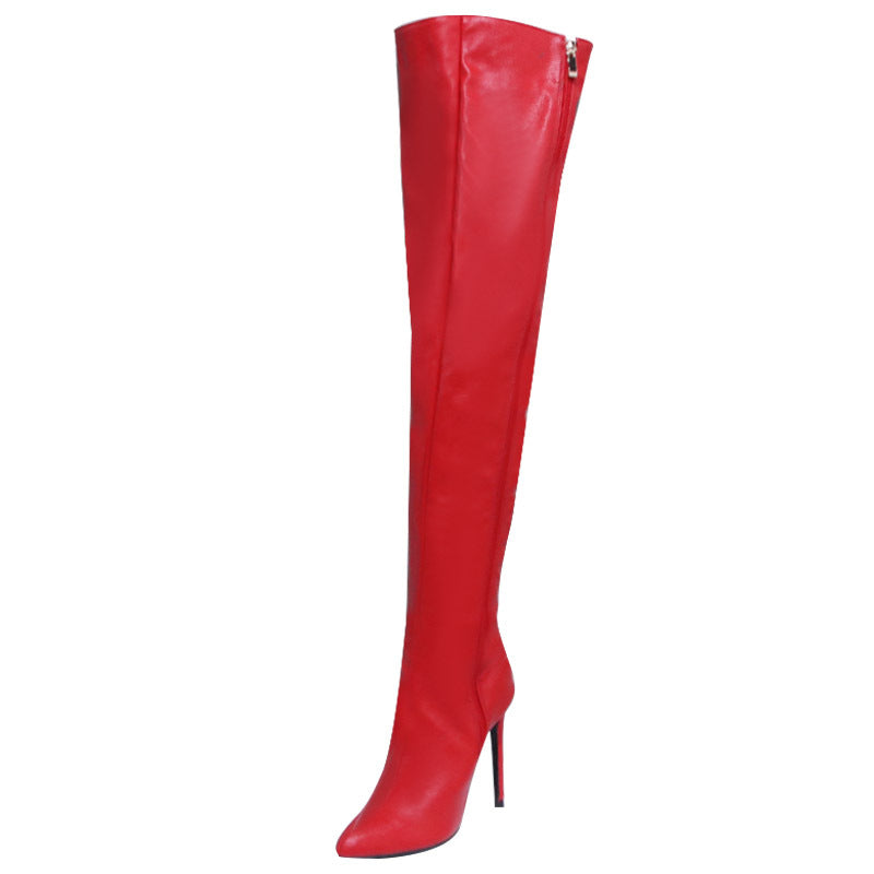 Red pointed toe long boots for women with high stiletto heels and side zipper