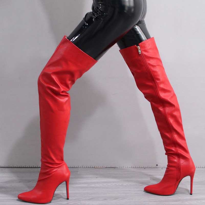 Red pointed toe long boots for women with high heels and side zipper closure
