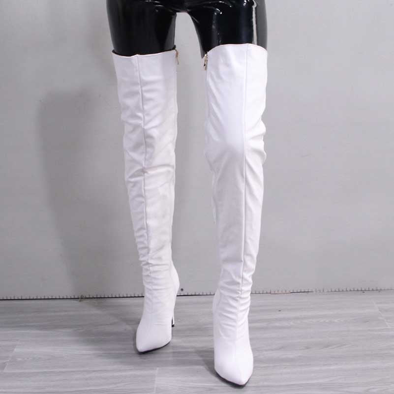White pointed toe long boots for women with high heel and zipper detail