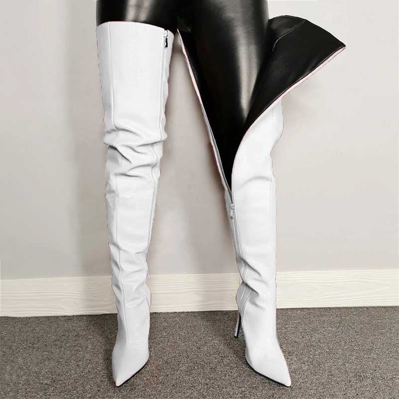 White pointed toe long boots for women with high heels and side zipper detail