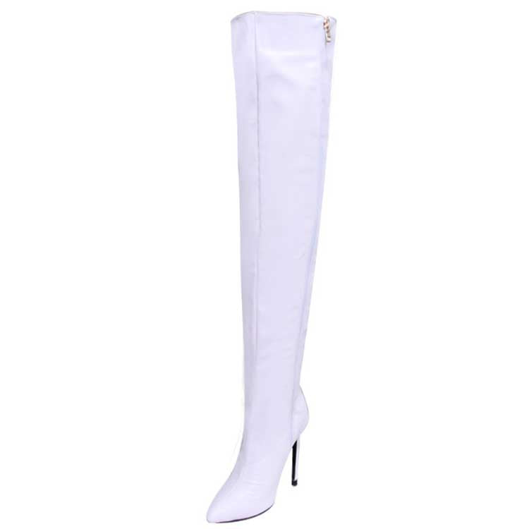 White pointed toe long boots for women with high stiletto heel and side zipper