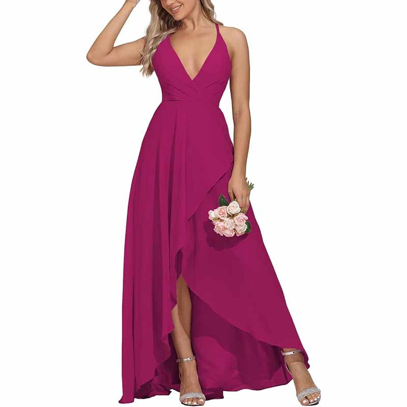 Chiffon Bridesmaid Dresses V Neck High Low Wedding Guest Party Gown