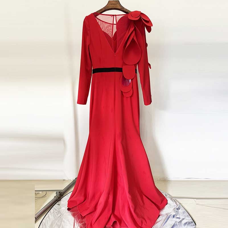 Women's Long Sleeves Party Gown Flower Detail Long Prom Dress