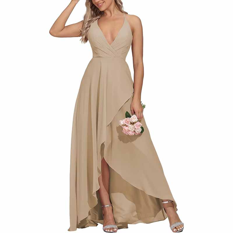 Chiffon Bridesmaid Dresses V Neck High Low Wedding Guest Party Gown