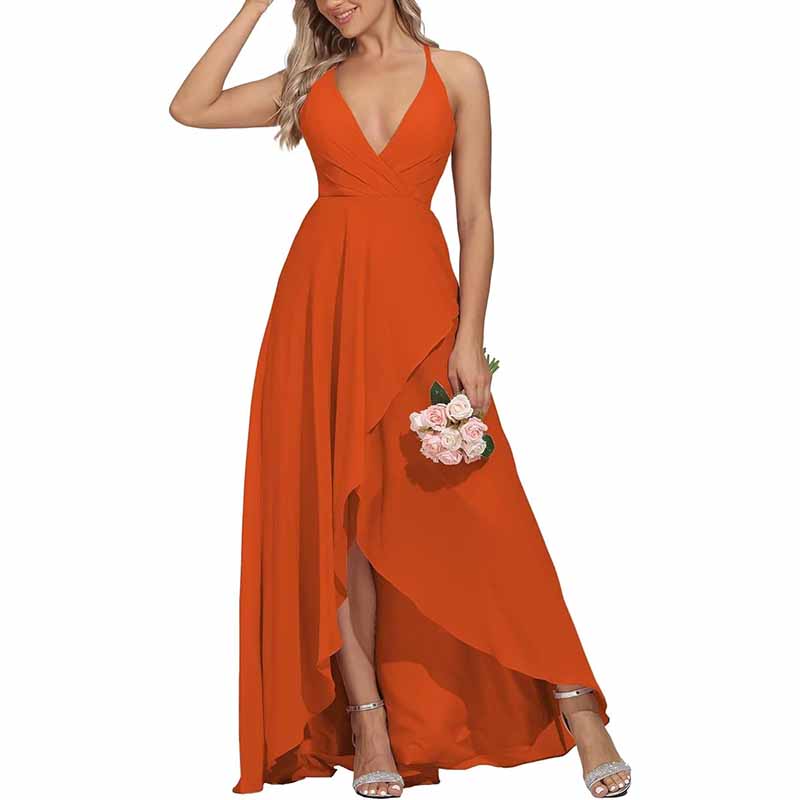 Chiffon Bridesmaid Dresses V Neck High Low Wedding Guest Party Gown
