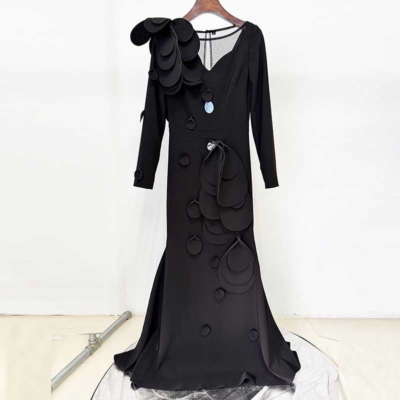 Women's Long Sleeves Party Gown Flower Detail Long Prom Dress