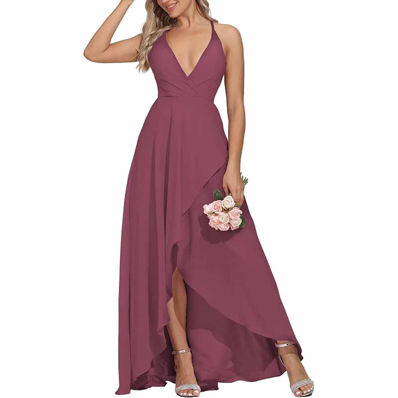 Chiffon Bridesmaid Dresses V Neck High Low Wedding Guest Party Gown