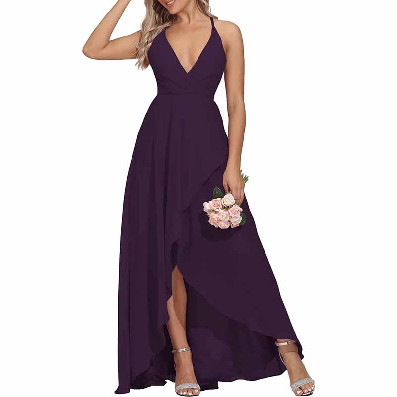 Chiffon Bridesmaid Dresses V Neck High Low Wedding Guest Party Gown