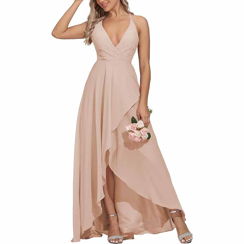 Chiffon Bridesmaid Dresses V Neck High Low Wedding Guest Party Gown