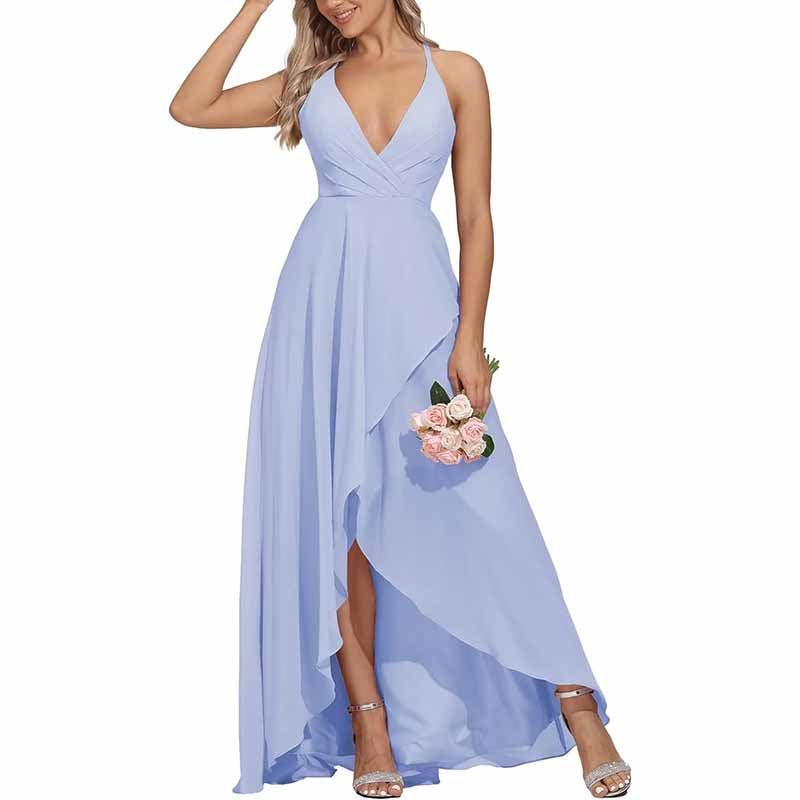 Chiffon Bridesmaid Dresses V Neck High Low Wedding Guest Party Gown