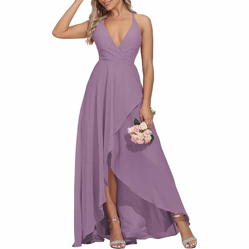 Chiffon Bridesmaid Dresses V Neck High Low Wedding Guest Party Gown