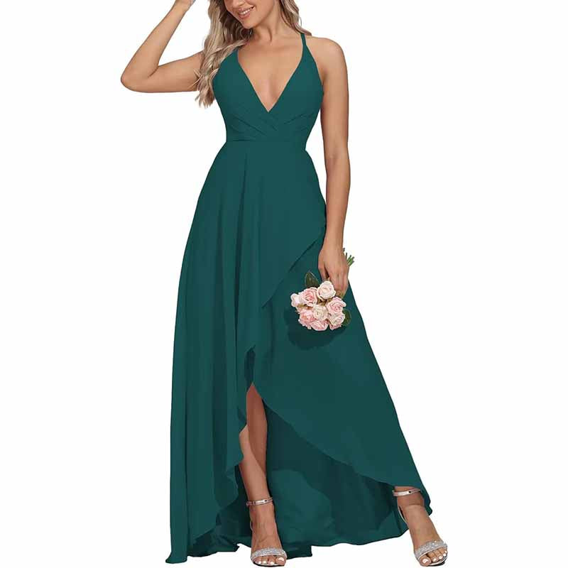 Chiffon Bridesmaid Dresses V Neck High Low Wedding Guest Party Gown
