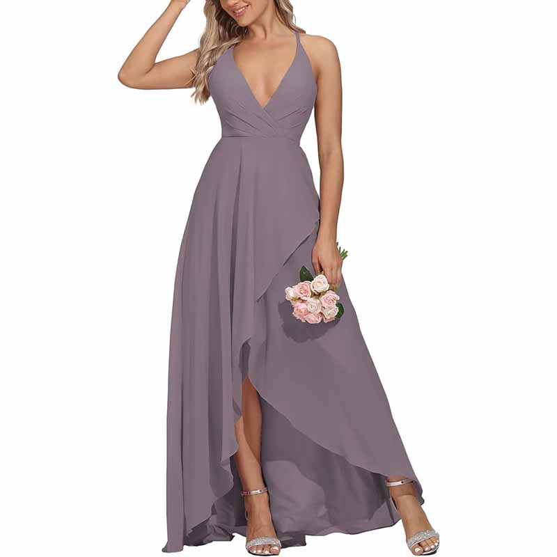Chiffon Bridesmaid Dresses V Neck High Low Wedding Guest Party Gown