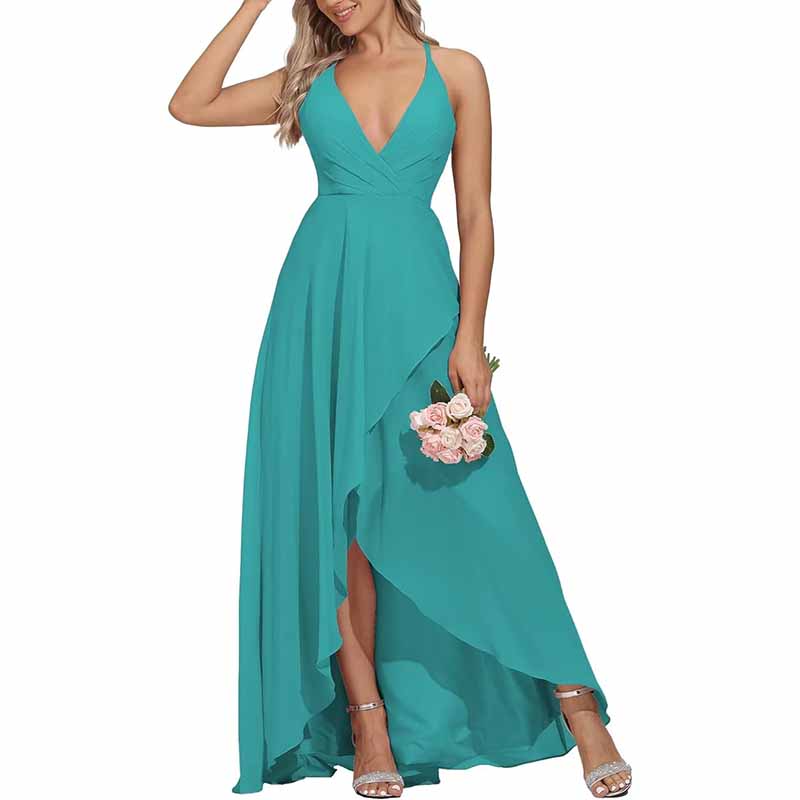 Chiffon Bridesmaid Dresses V Neck High Low Wedding Guest Party Gown