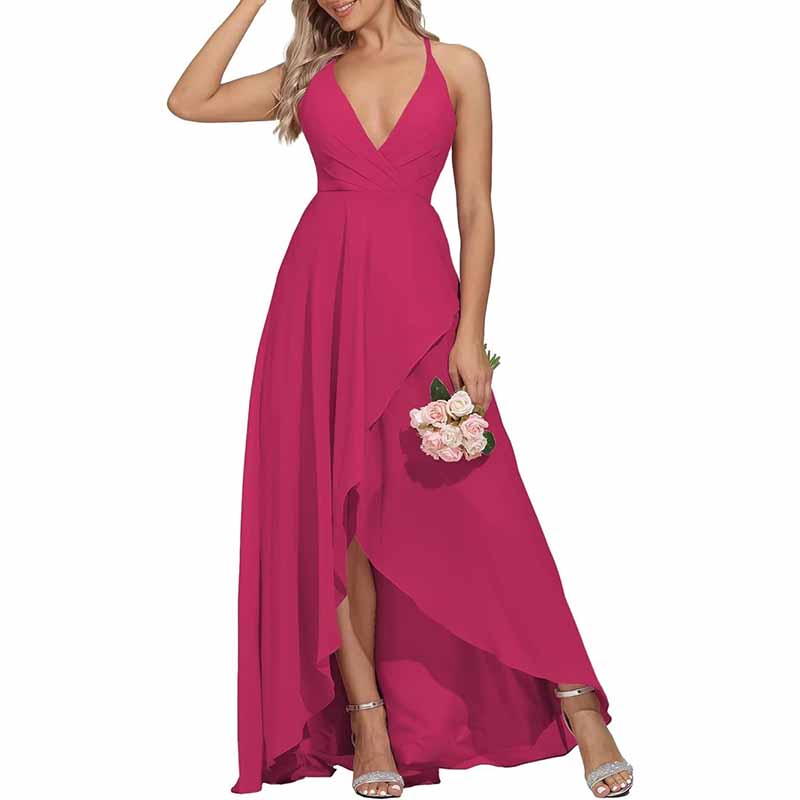 Chiffon Bridesmaid Dresses V Neck High Low Wedding Guest Party Gown