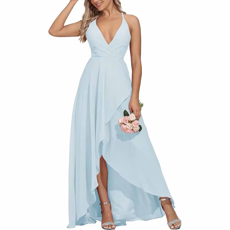 Chiffon Bridesmaid Dresses V Neck High Low Wedding Guest Party Gown