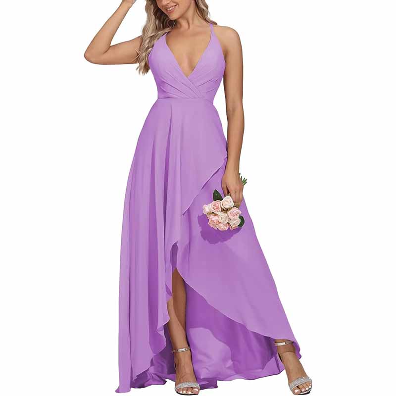 Chiffon Bridesmaid Dresses V Neck High Low Wedding Guest Party Gown