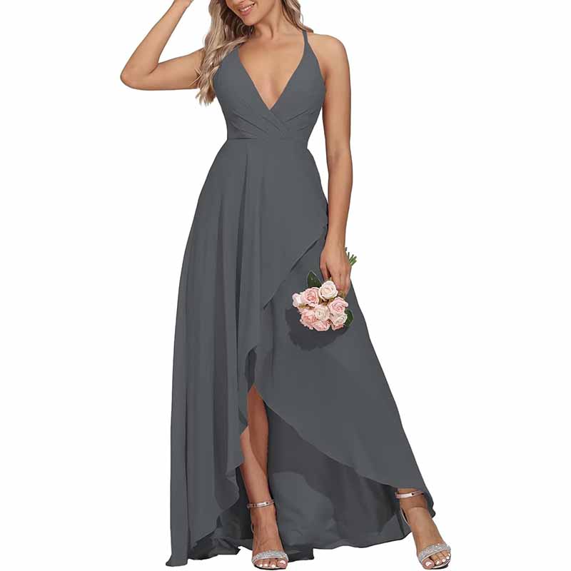 Chiffon Bridesmaid Dresses V Neck High Low Wedding Guest Party Gown