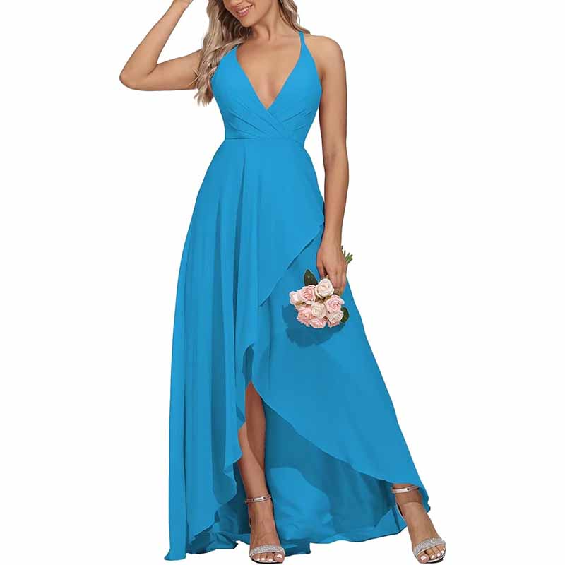 Chiffon Bridesmaid Dresses V Neck High Low Wedding Guest Party Gown