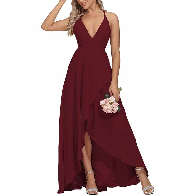 Chiffon Bridesmaid Dresses V Neck High Low Wedding Guest Party Gown