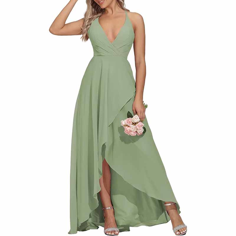 Chiffon Bridesmaid Dresses V Neck High Low Wedding Guest Party Gown
