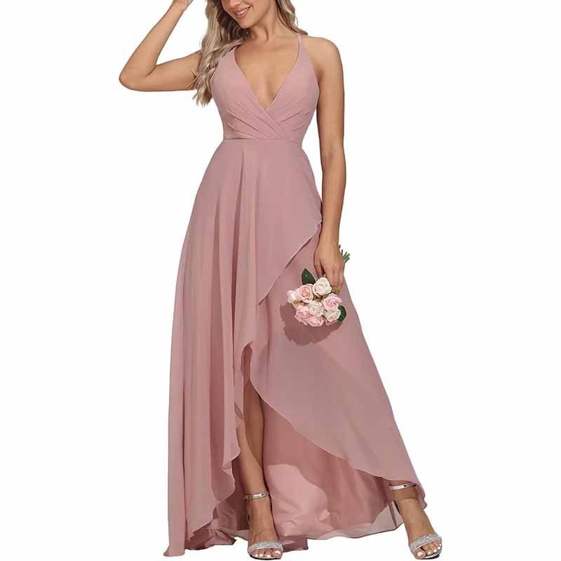 Chiffon Bridesmaid Dresses V Neck High Low Wedding Guest Party Gown