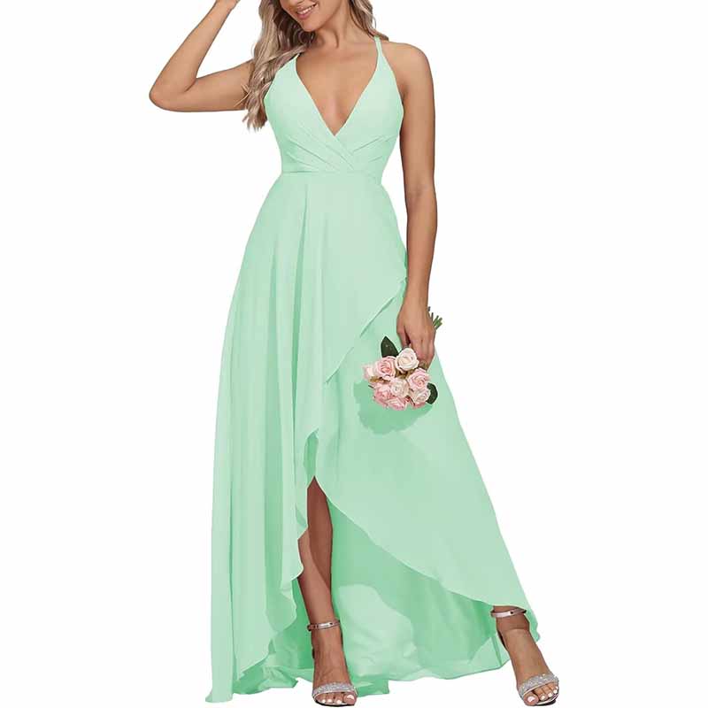 Chiffon Bridesmaid Dresses V Neck High Low Wedding Guest Party Gown