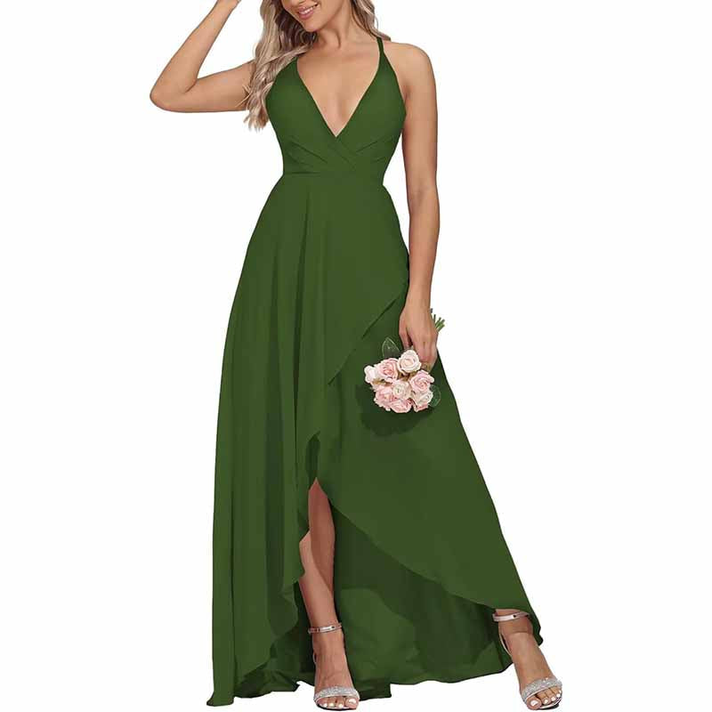 Chiffon Bridesmaid Dresses V Neck High Low Wedding Guest Party Gown